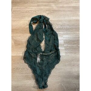 Victoria's Secret Dark Green Lace Halter‎ Teddy Bodysuit Tie Back S